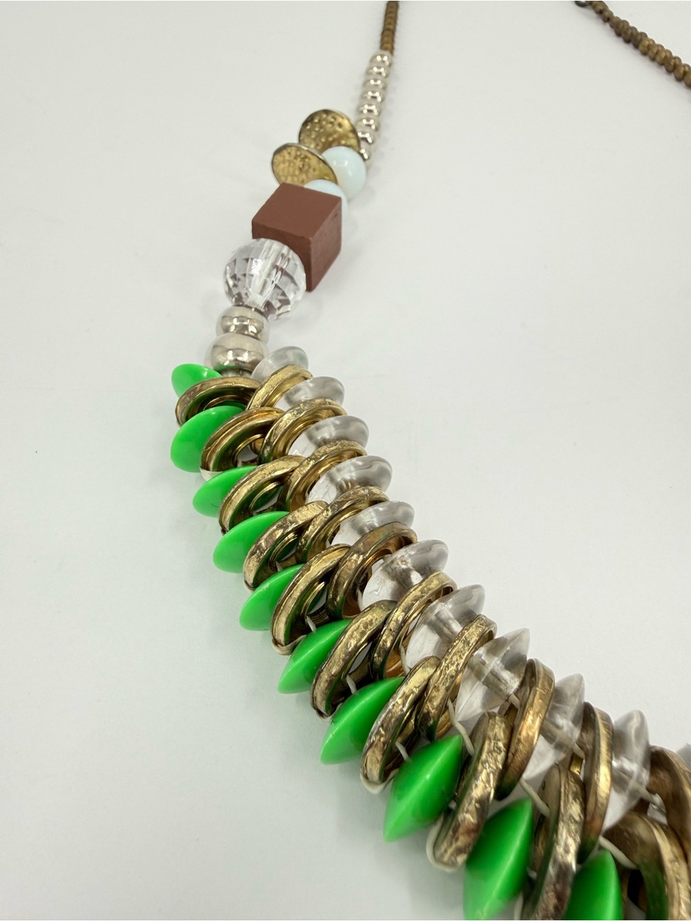 Pam Hiran Statement Necklace Coil Beads Green Clear Glass Gold Beads Silver Gold